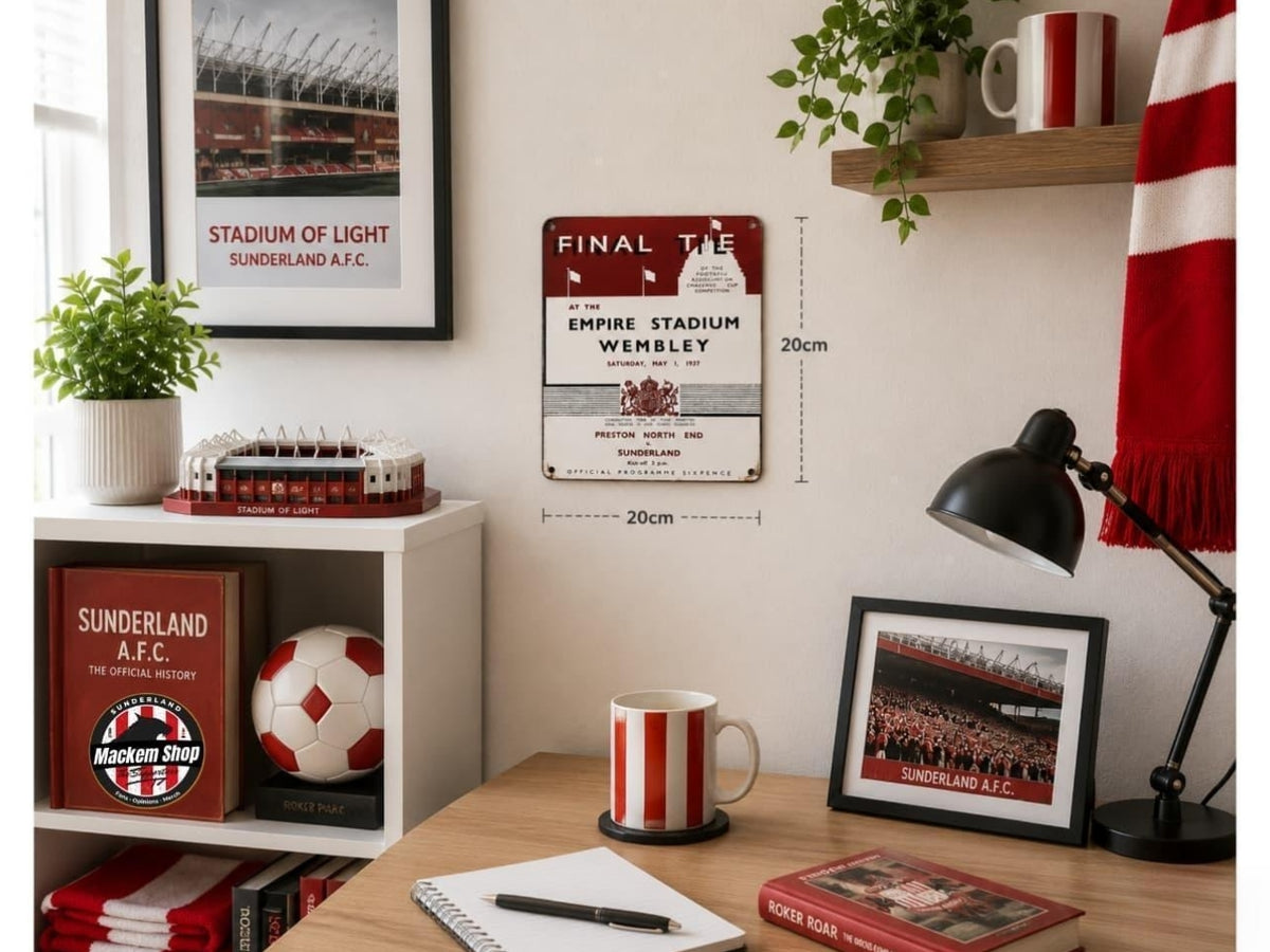 A styled room scene showing a red and white Sunderland A.F.C 1937 FA Cup FInal Metal Sign.