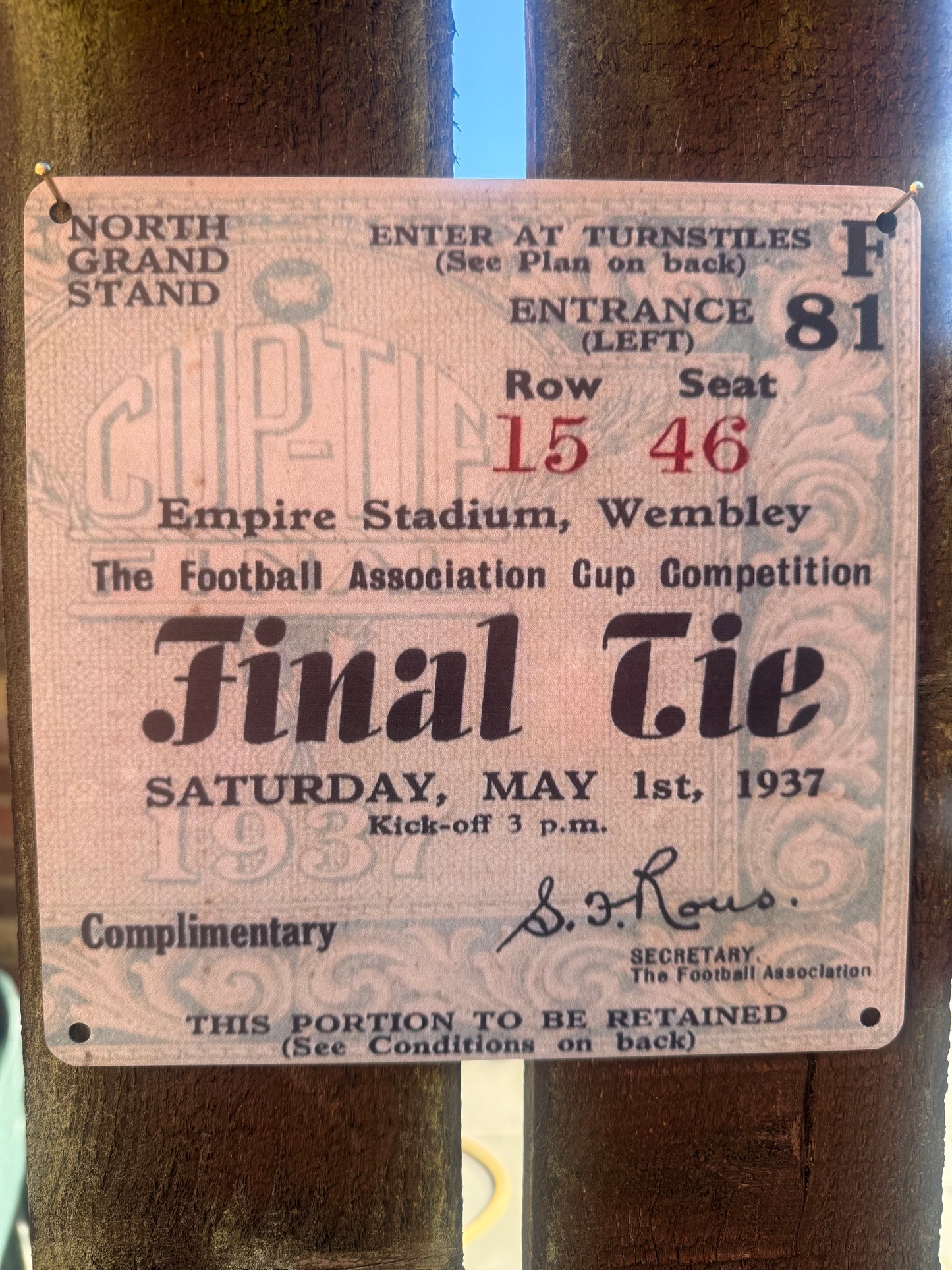 1937 FA Cup Final Ticket – Vintage Metal Wall Sign