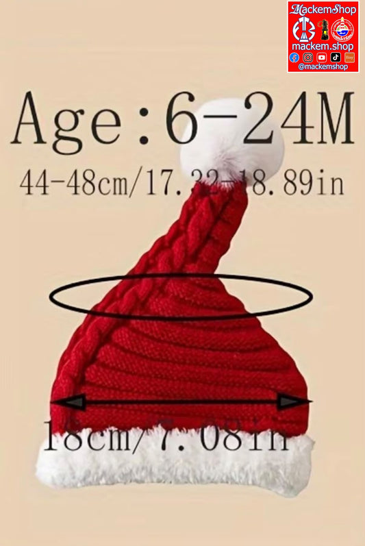 Red and white knitted Santa hat with size information and a circular diameter measurement overlay on a beige background.