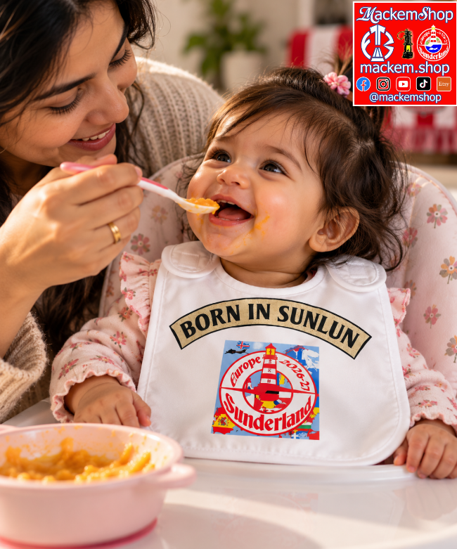 A baby wearing a white bib with a colorful 'Born in Sunlun' graphic, being fed by a woman. A logo for 'MackemShop' is visible in the top right corner.