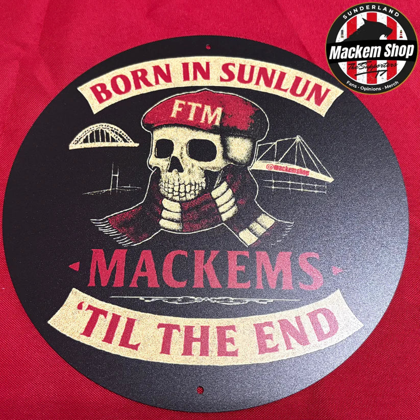 Circular design with skull wearing a red cap and text on a red background, featuring the 'Mackem Shop' logo.