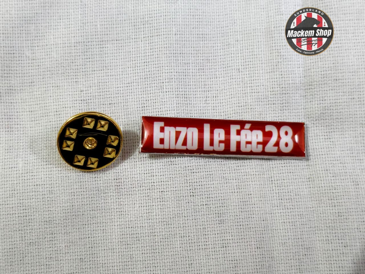 Two pins on a textured gray background with 'Mackem Shop' logo.