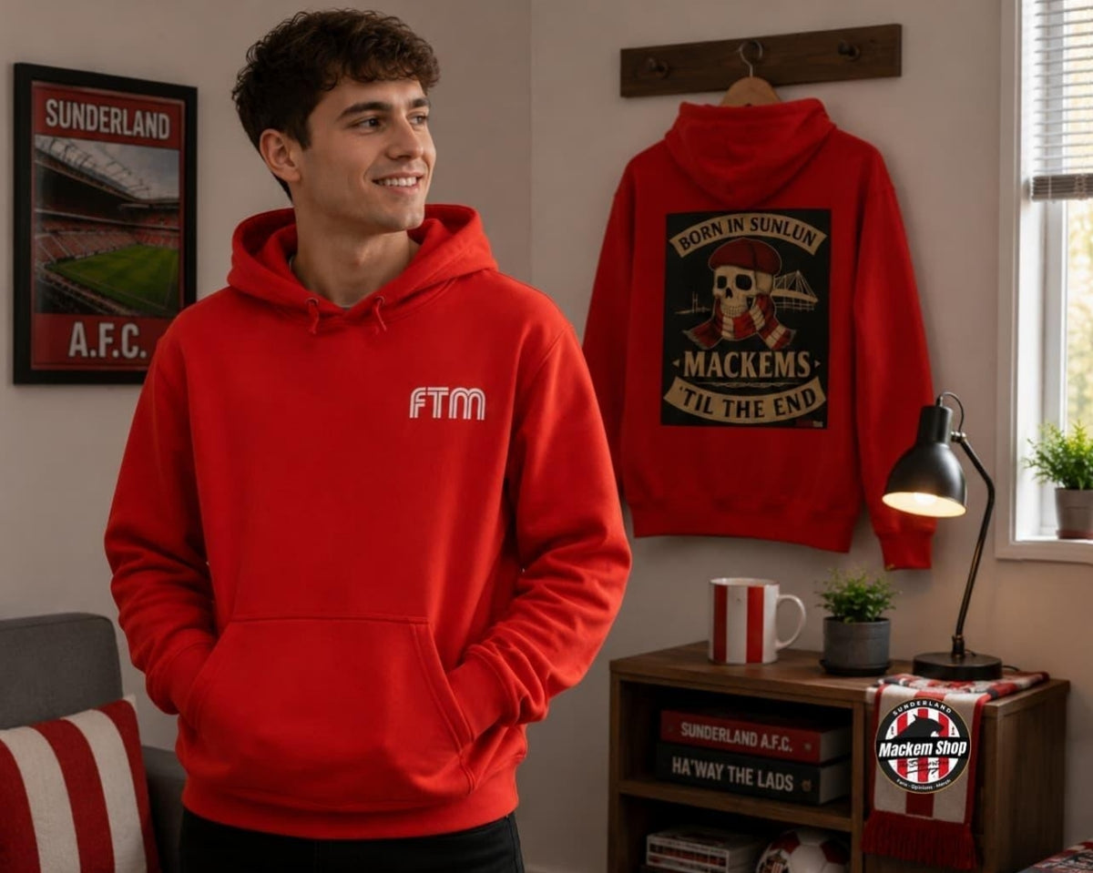 A man wearing a bright red hoodie with a white 'FTM' logo on the chest stands in a room, while a matching red hoodie hangs on a wall behind him with a large vintage-style football graphic reading 'BORN IN SUNLUN MACKEMS TIL THE END'.