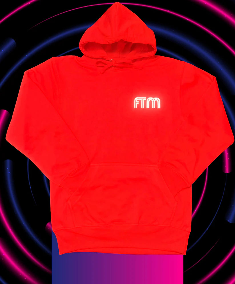 Red hoodie with 'FTM' logo on a colorful spiral background