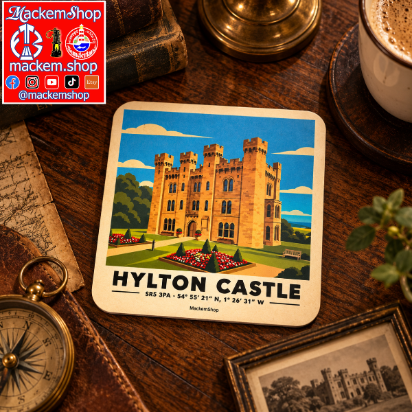 A coaster with Hylton Castle illustration on a table with vintage style products.