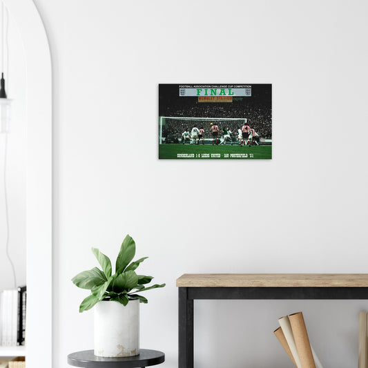 Poster of a sports event on a white wall above a wooden desk with a plant.