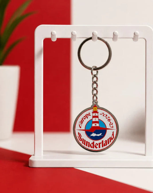 Sunderland keychain on a display stand with a red background