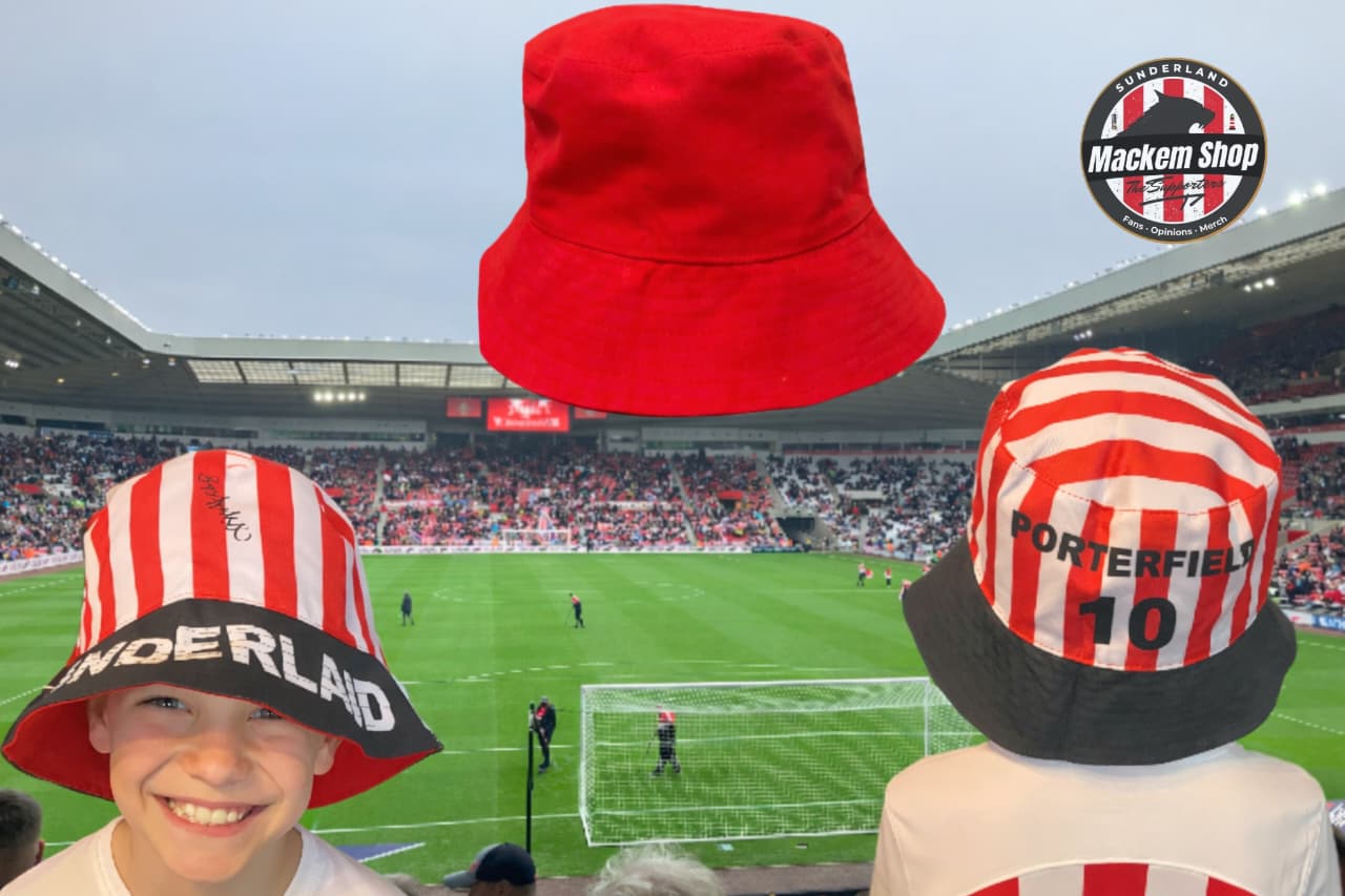 Two children wearing red and white striped hats with text in a stadium setting, featuring the 'Mackem Shop' logo.