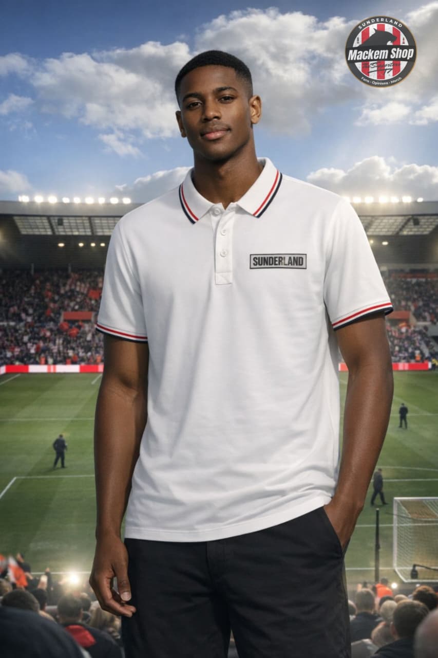 Person wearing a Sunderland white polo shirt with 'Sunderland' branding on a football stadium background