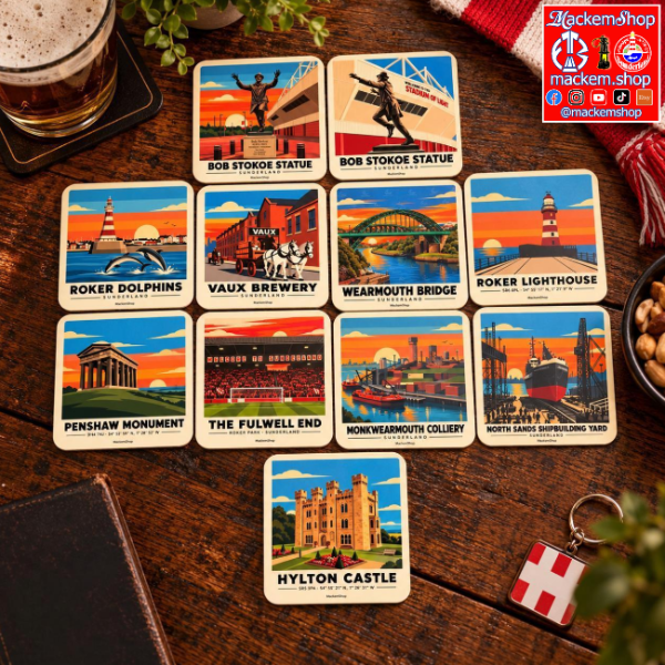 11 different Sunderland Art Coasters are on a table with each having its own history. A MackemShop logo is visible on top right corner.
