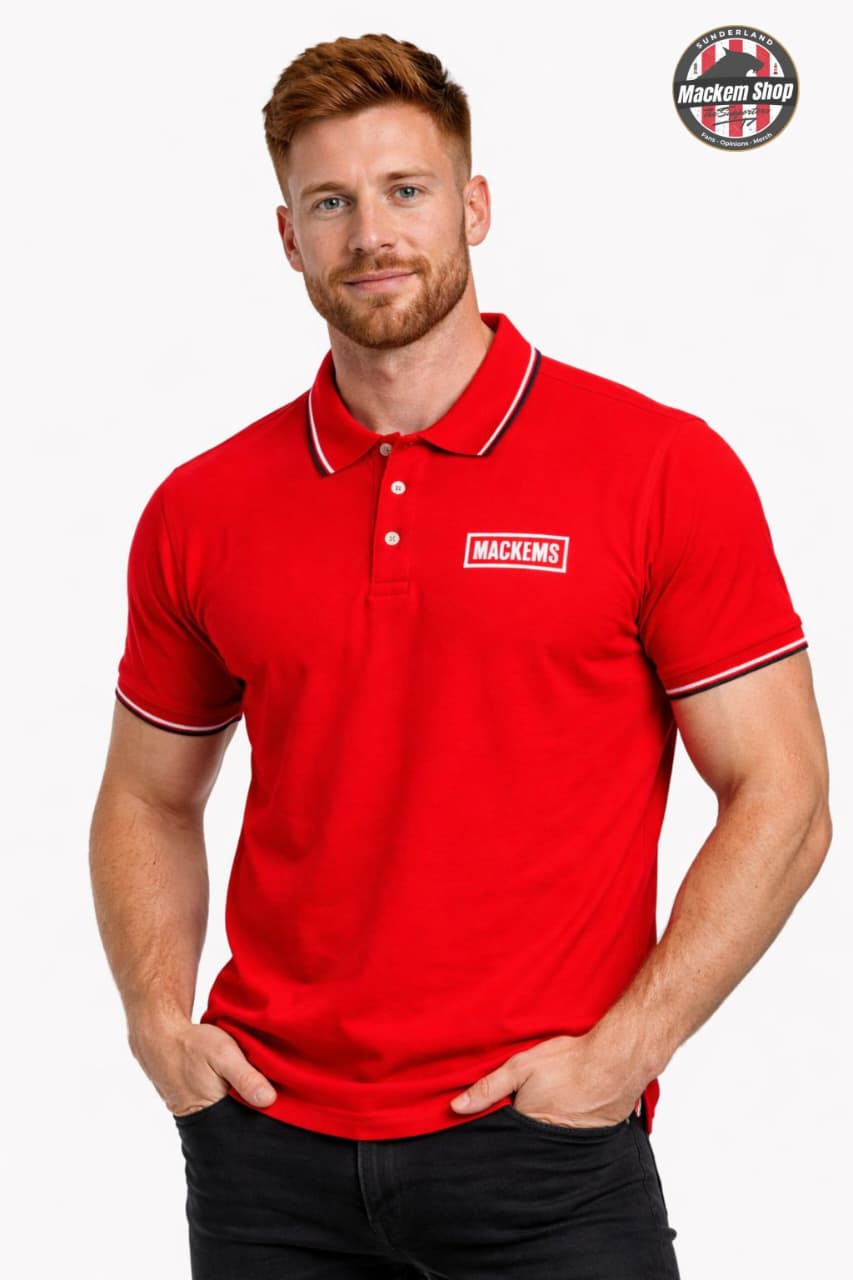 Man wearing a red polo shirt with Mackem tag with a brand logo on a white background