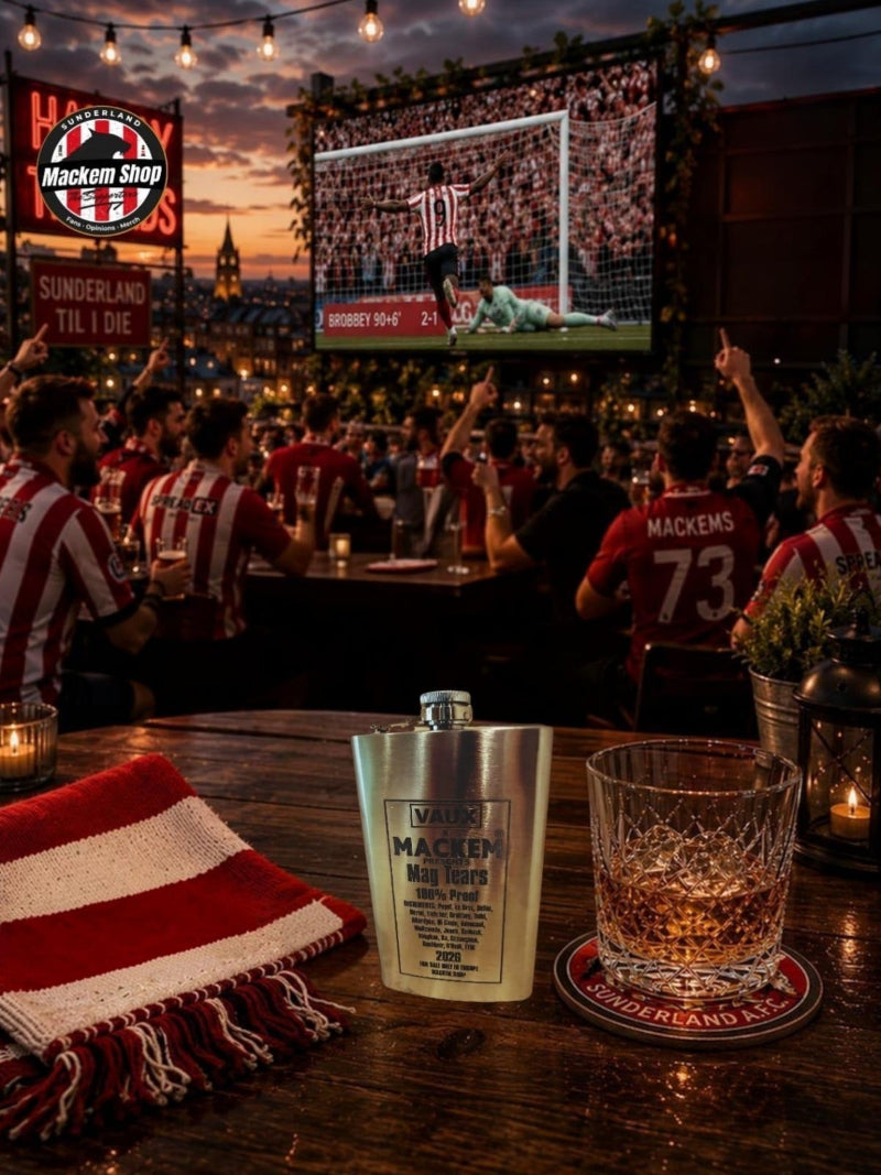 Mag Tears Hip Flask with VAUX MACKEM branding on it.