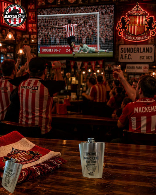 A bar scene with people wearing red and white jersey and a Stainless-steel flask by MackemShop.