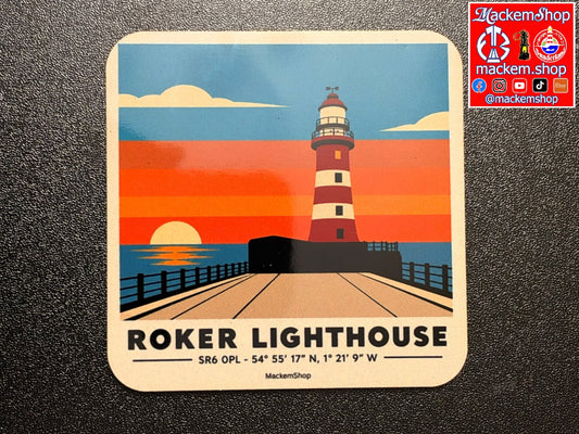 A square coaster featuring a stylized illustration of the Roker Lighthouse with a red and white striped lighthouse, orange sunset sky, blue water, and a pier leading to the lighthouse. The text 'ROKER LIGHTHOUSE' is printed at the bottom, and a 'MackemShop' logo is visible in the top right corner.
