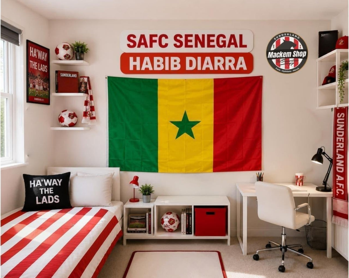 A decorated bedroom featuring a large Senegal flag tapestry on the wall, with a bed, desk, shelves, and sports-themed decor including a pillow that reads 'HA'WAY THE LADS' and a sign reading 'SAFC SENEGAL HABIB DIARRA'.