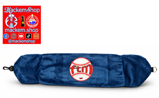 A navy-blue plush baseball-themed Pillow with a circular 'ftm' logo printed in red and white on the front, displayed on a white background with a red MackemShop logo overlay in the top left corner.