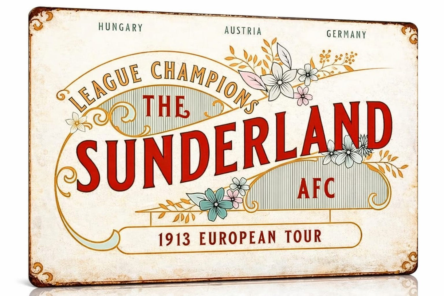 Vintage-style sign for Sunderland AFC with decorative elements and text.