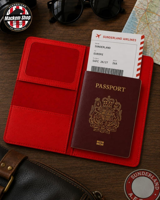 A red leather passport holder wallet shown open on a wooden surface, holding a UK passport and a boarding pass. Sunglasses, a map, and a dark leather bag are partially visible around it, with a circular 'Mackem Shop' logo in the top-left corner and a 'Sunderland A.