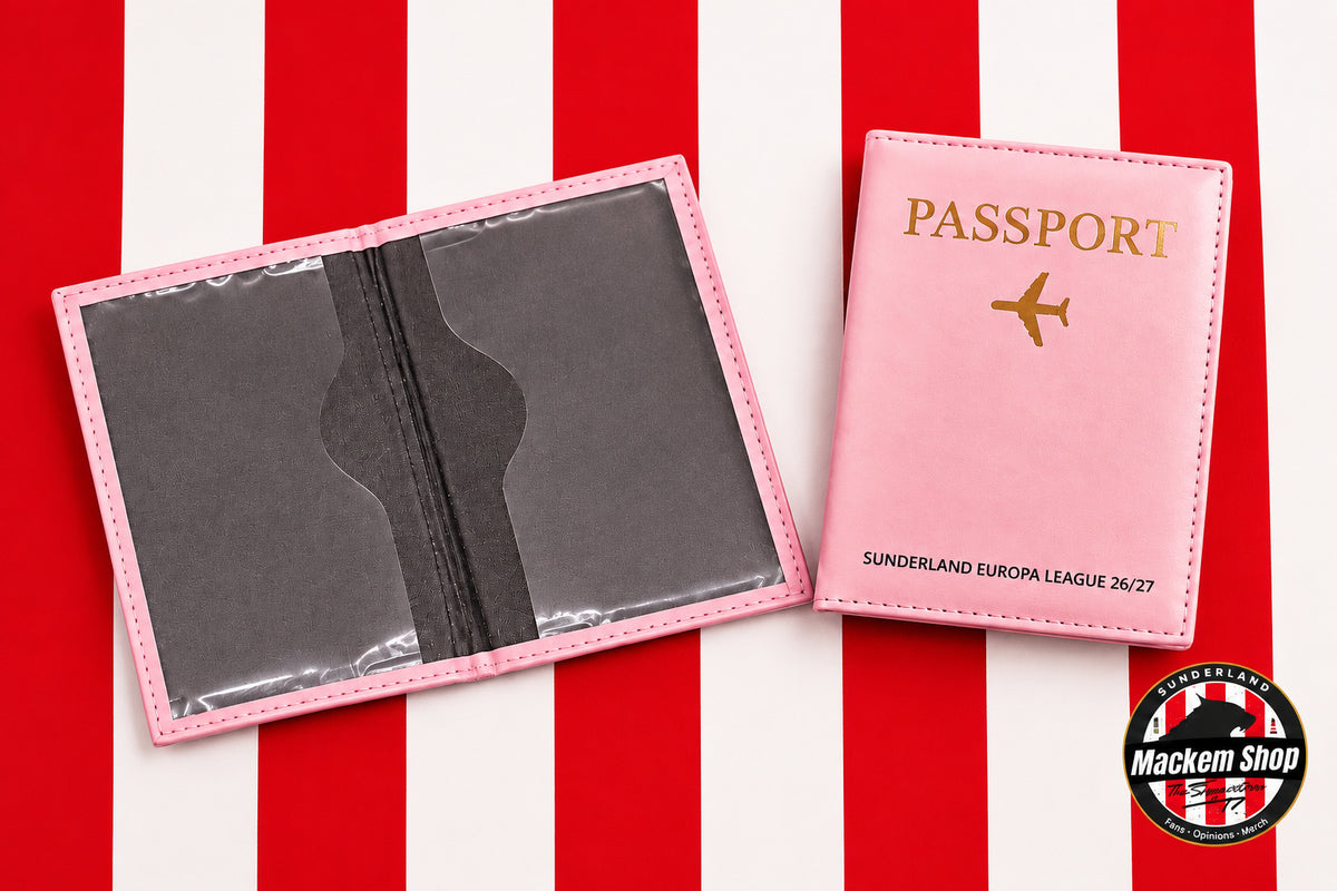A pink faux leather passport holder set displayed on a red and white themed background with mackemshop logo in right downside corner.