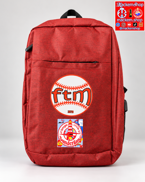 A red heather backpack with a front pocket featuring a baseball graphic with 'ftm' and a '2026-27' patch, A 'Mackem-Shop' logo overlay is in the top right corner.