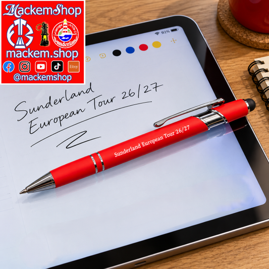 A red and silver ballpoint pen with 'Sunderland European Tour 26/27' printed on it, resting on a tablet screen. The tablet shows the same text written in black ink.