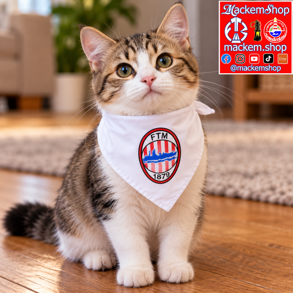 A FTM 1879 bandana worn by a cute cat.