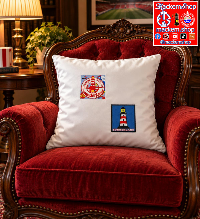 A square pillowcase with embroidered resting on a plush red velvet armchair. A 'MackemShop' brand overlay is visible in the top right corner.
