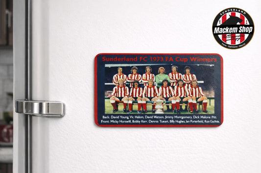 Fridge magnet of Sunderland FC 1973 FA Cup Winners on a white refrigerator.