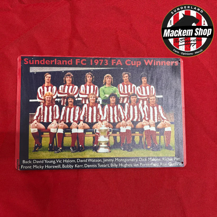 Sunderland FC 1973 FA Cup Winners team photo on a red background with 'Mackem Shop' logo.