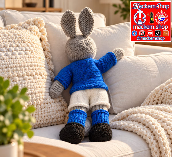 A handmade knitted rabbit wearing a blue sweater, cream shorts, and black shoes, sitting on a white sofa with a knit blanket and pillows. A 'MackemShop' logo overlay is in the top right corner.