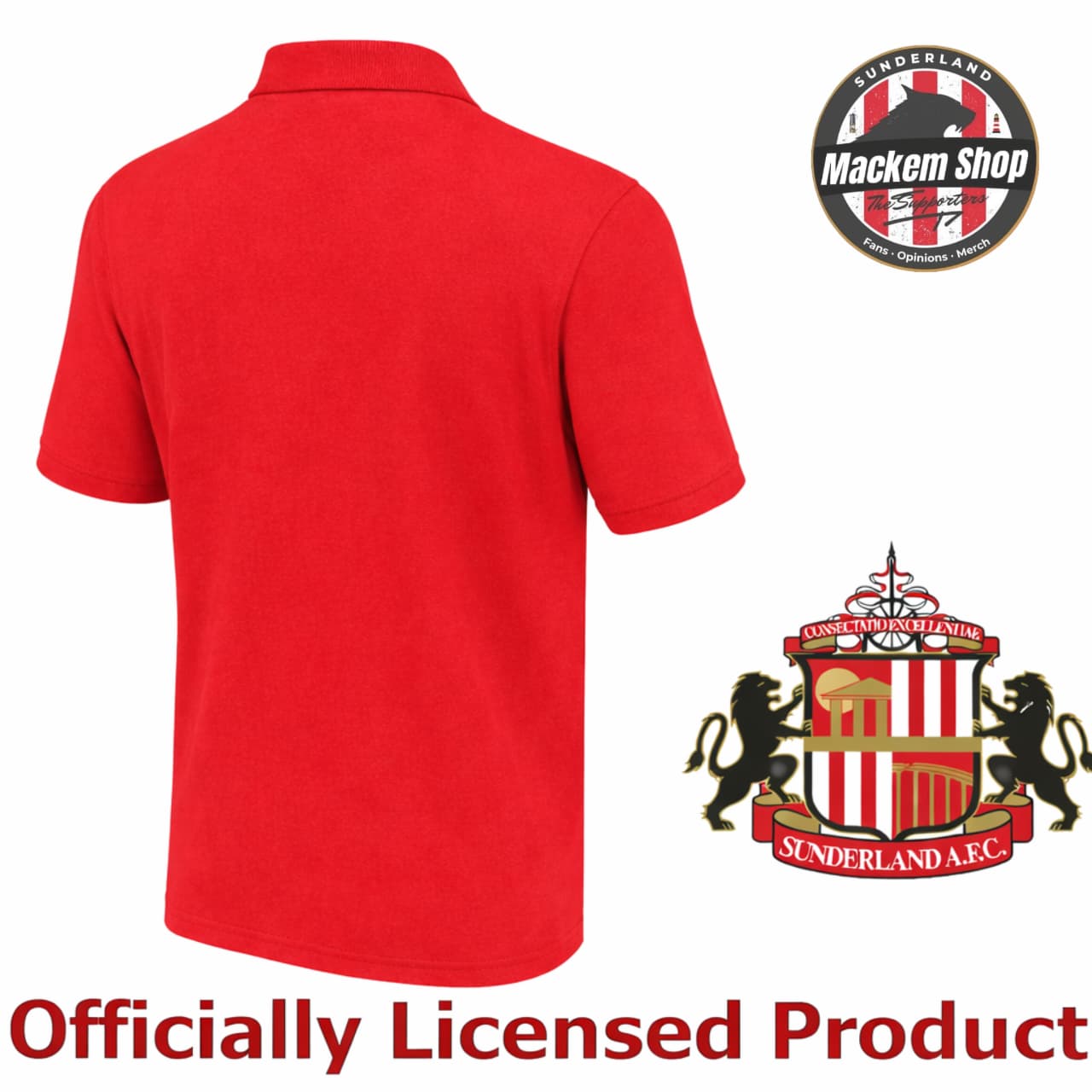 Red polo shirt with Sunderland AFC logo and 'Mackem Shop' branding on a white background.