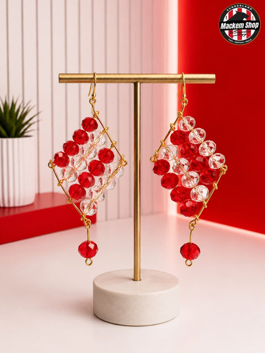 Sunderland Red & White Crystal Earrings on a earrings holder.