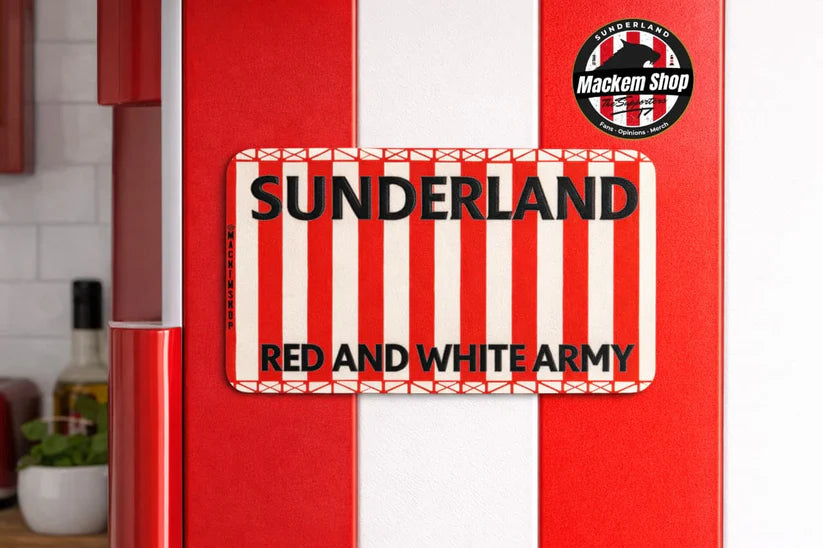 Red and white striped product with 'Sunderland' branding and text.