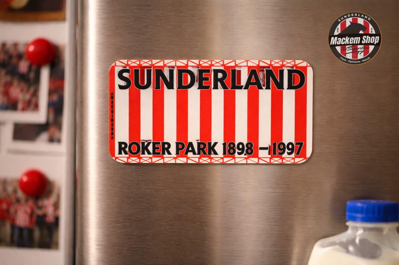 Fridge magnet with 'Sunderland' and 'Roker Park 1898-1997' text on a metallic surface.