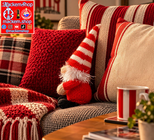 A cozy holiday-themed living room scene with red and cream striped pillows, a red knit throw blanket, a small red-and-white striped gonk, and a wooden coffee table with a red-and-white striped mug in the foreground. A 'MackemShop' logo overlay is visible in the top-left corner.
