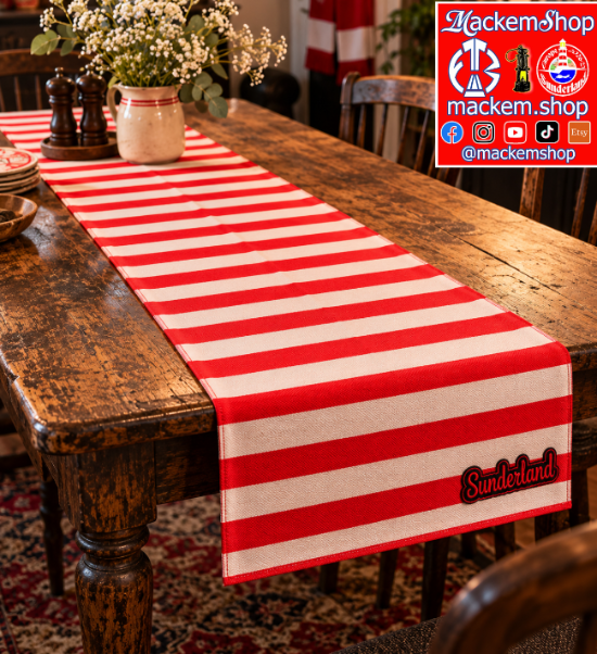 A Red and white striped Table runner with 'Sunderland' Patch on it, with a MackemShop logo is visible on top right corner.