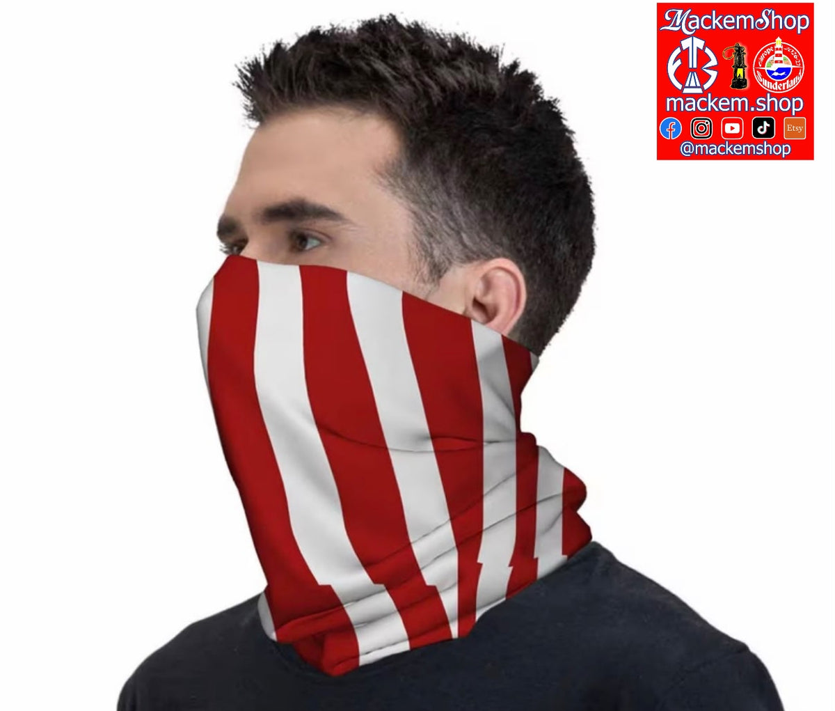 A man wearing a red and white vertically striped neck gaiter face covering, shown in profile against a white background. A MackemShop logo overlay is visible in the top right corner.