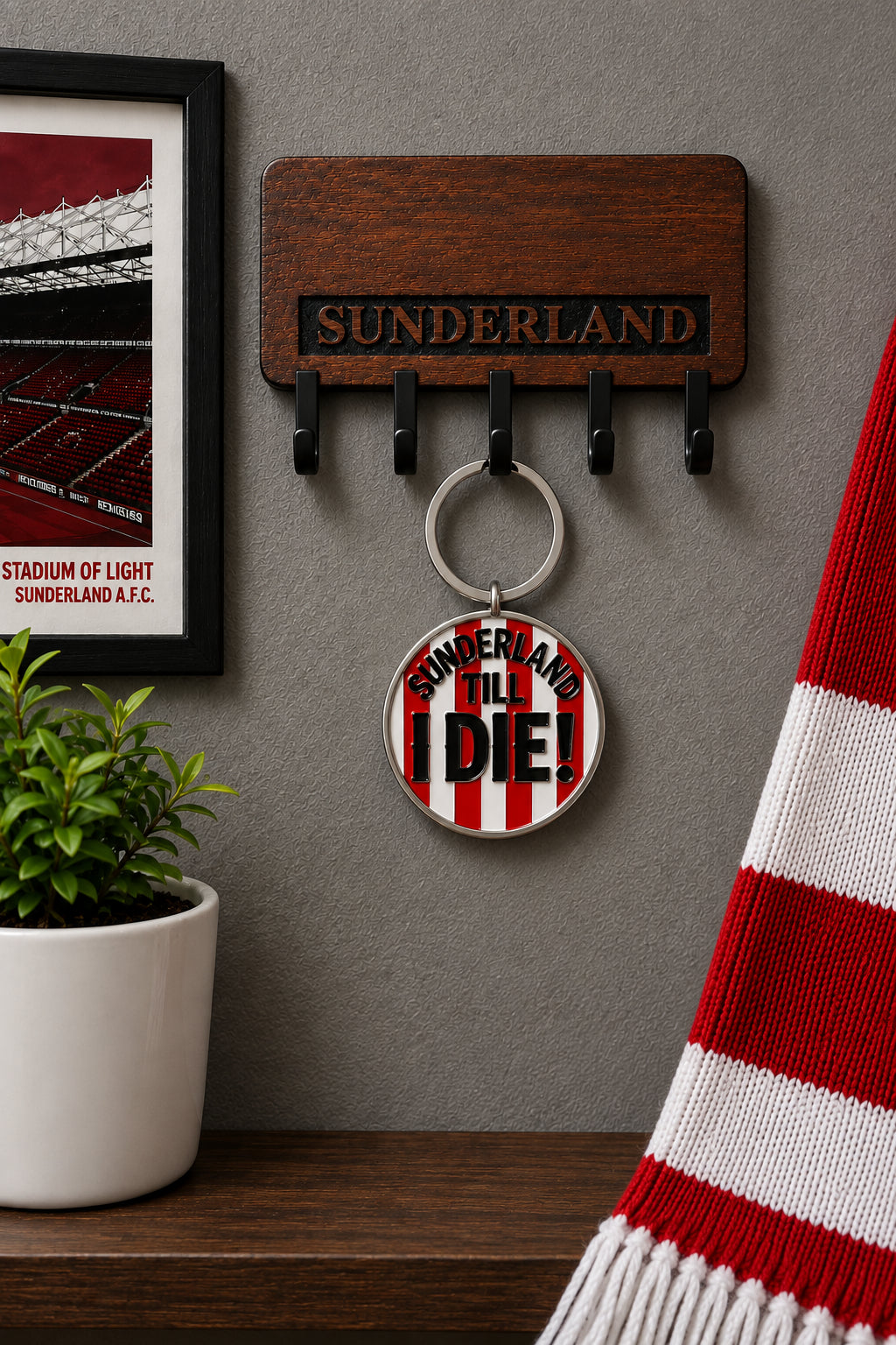 A Sunderland AFC themed keychain holder on a gray wall, featuring a wooden plaque with four black hooks and a round metal keychain charm that reads 'SUNDERLAND TILL I DIE!'. A framed stadium print, a small potted plant, and a red-and-white striped scarf are arranged around it.