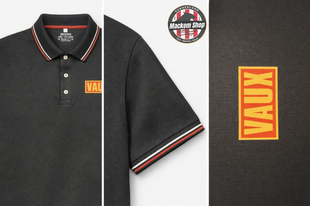 Black polo shirt with 'VAUX' logo on a Black background