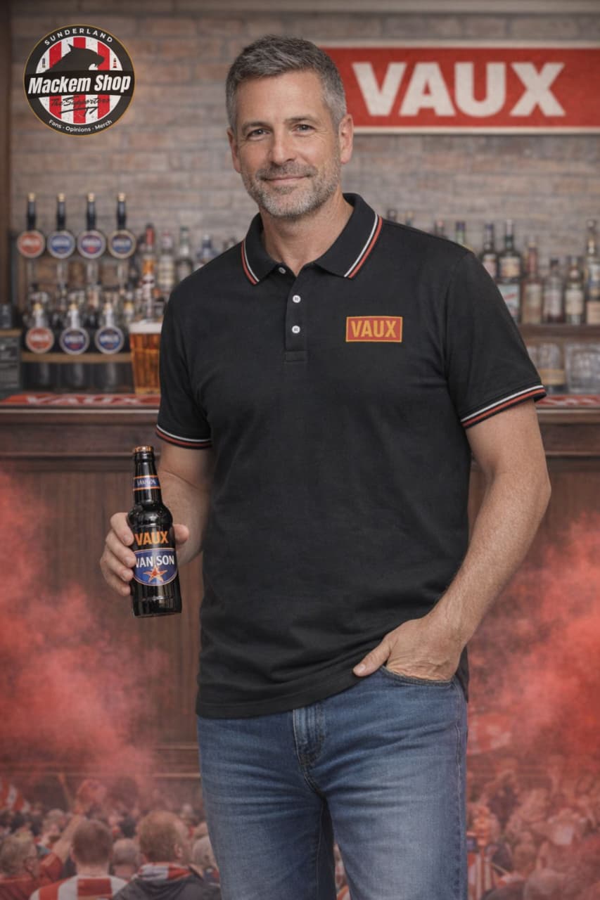 Man holding a Vaux beer bottle while wearing VAUX polo shirt in front of a bar with Vaux branding.
