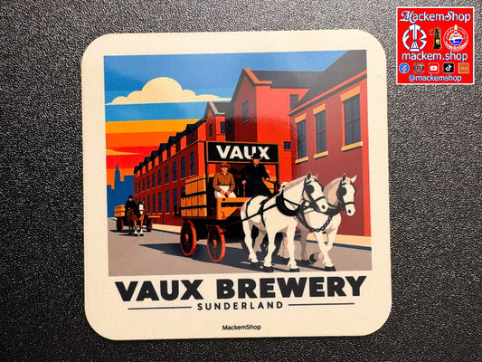 A square coaster with rounded corners featuring a vintage-style illustration of Vaux Brewery in Sunderland, showing a horse-drawn carriage and red brewery buildings. The coaster is photographed on a dark textured surface, with a MackemShop logo sticker in the top right corner.