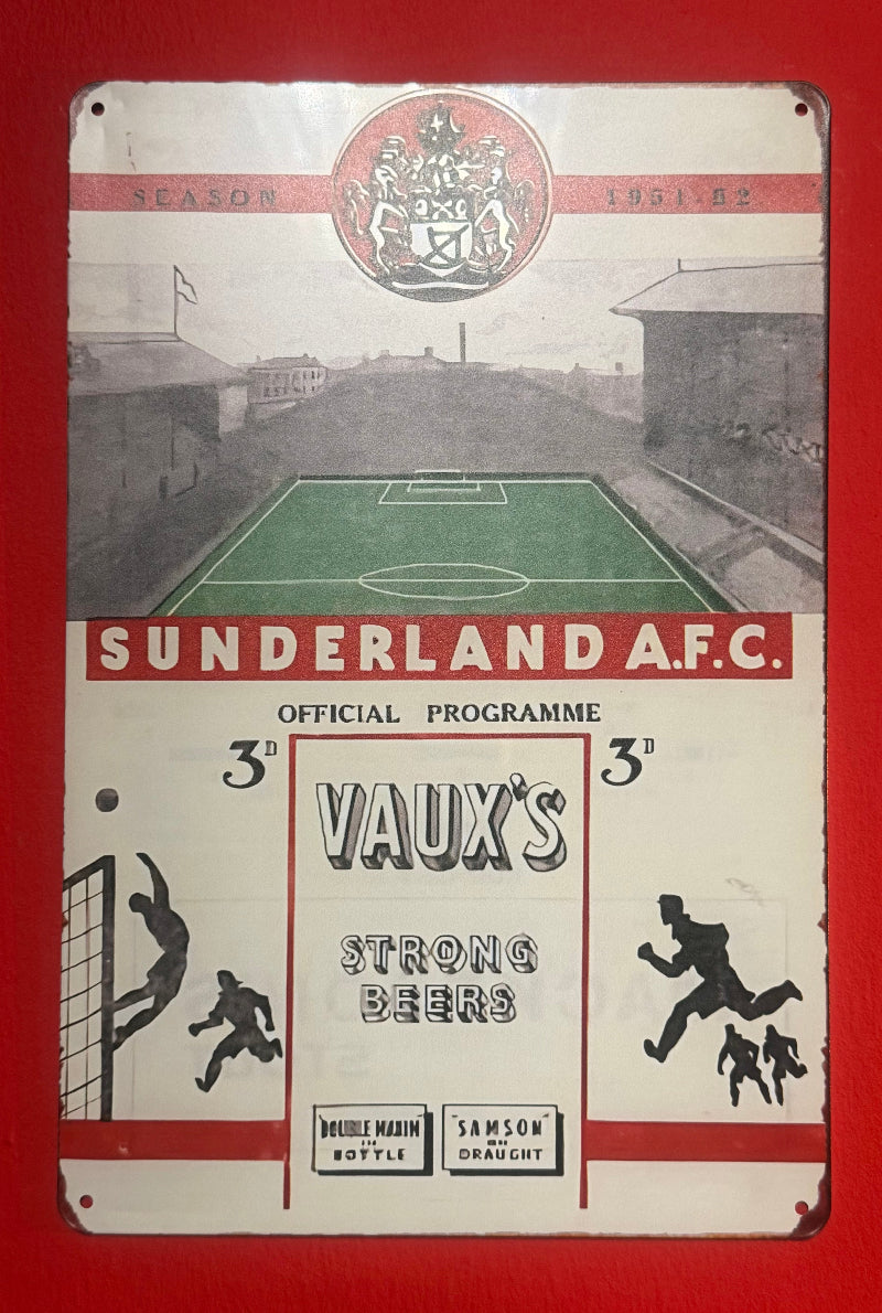Vintage Sunderland A.F.C. football programme cover with stadium illustration and advertising.