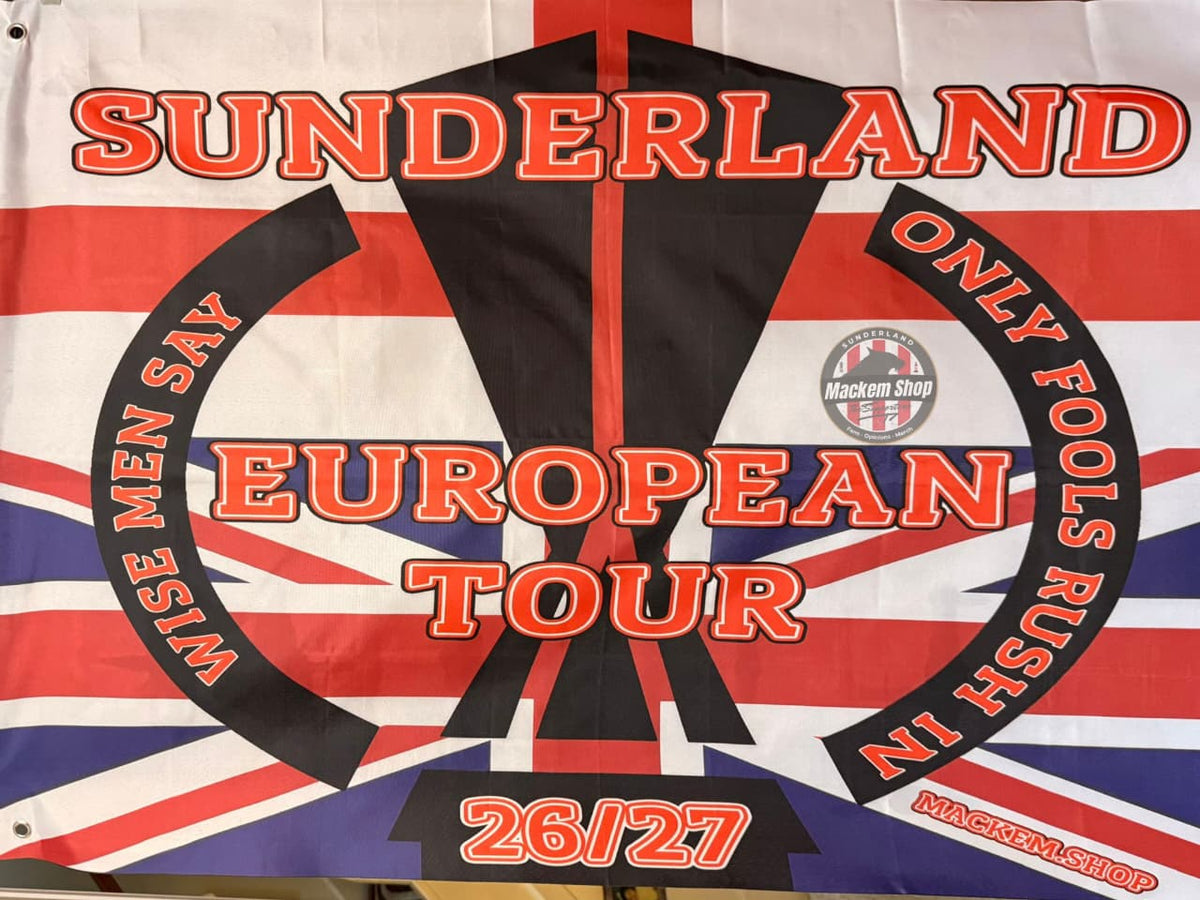 Flag with 'Sunderland European Tour' text and Union Jack design