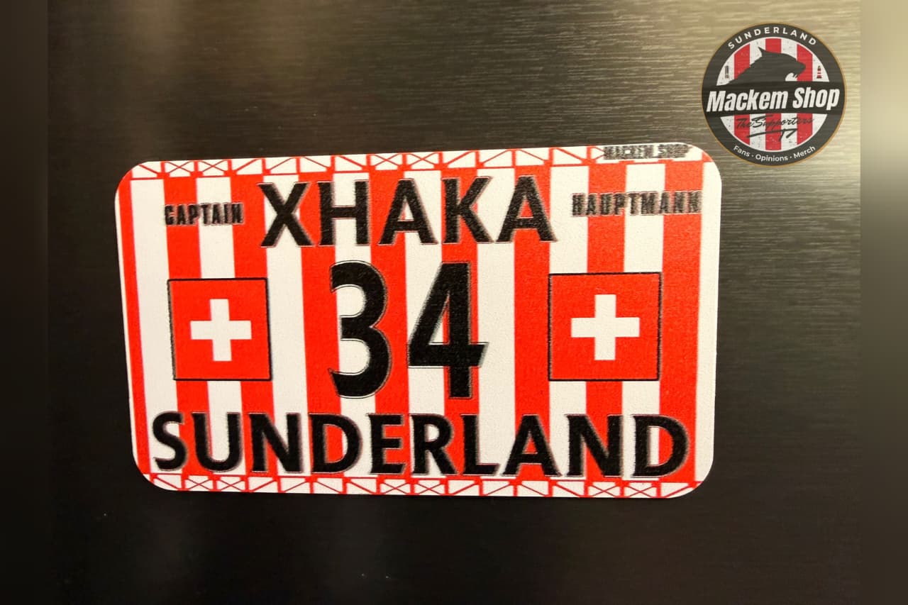 Fridge Magnet with 'Xhaka 34 Sunderland' text on a red and white striped background, featuring the Mackem Shop logo.