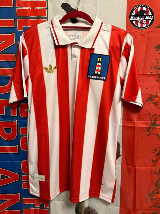 Red and white striped shirt with Adidas logo on a hanger against a colorful background