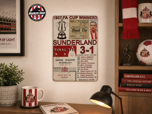 Sunderland AFC memorabilia including a Metal SIgn, mug, and books on a shelf.