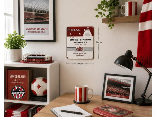 A styled room scene showing a red and white Sunderland A.F.C 1937 FA Cup FInal Metal Sign.