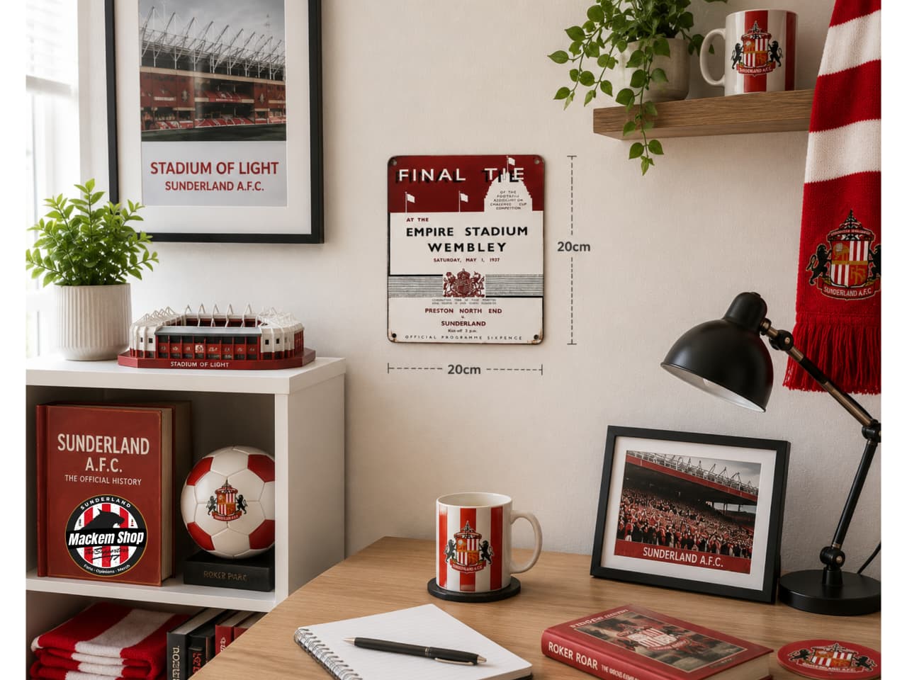 Sunderland AFC themed room decor including mug, books, and framed pictures with Final Tie Metal sign.