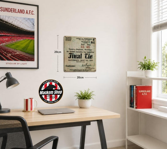A styled Room with Red and white theme showing a 1937 FA Cup Final Ticket Metal wall sign.