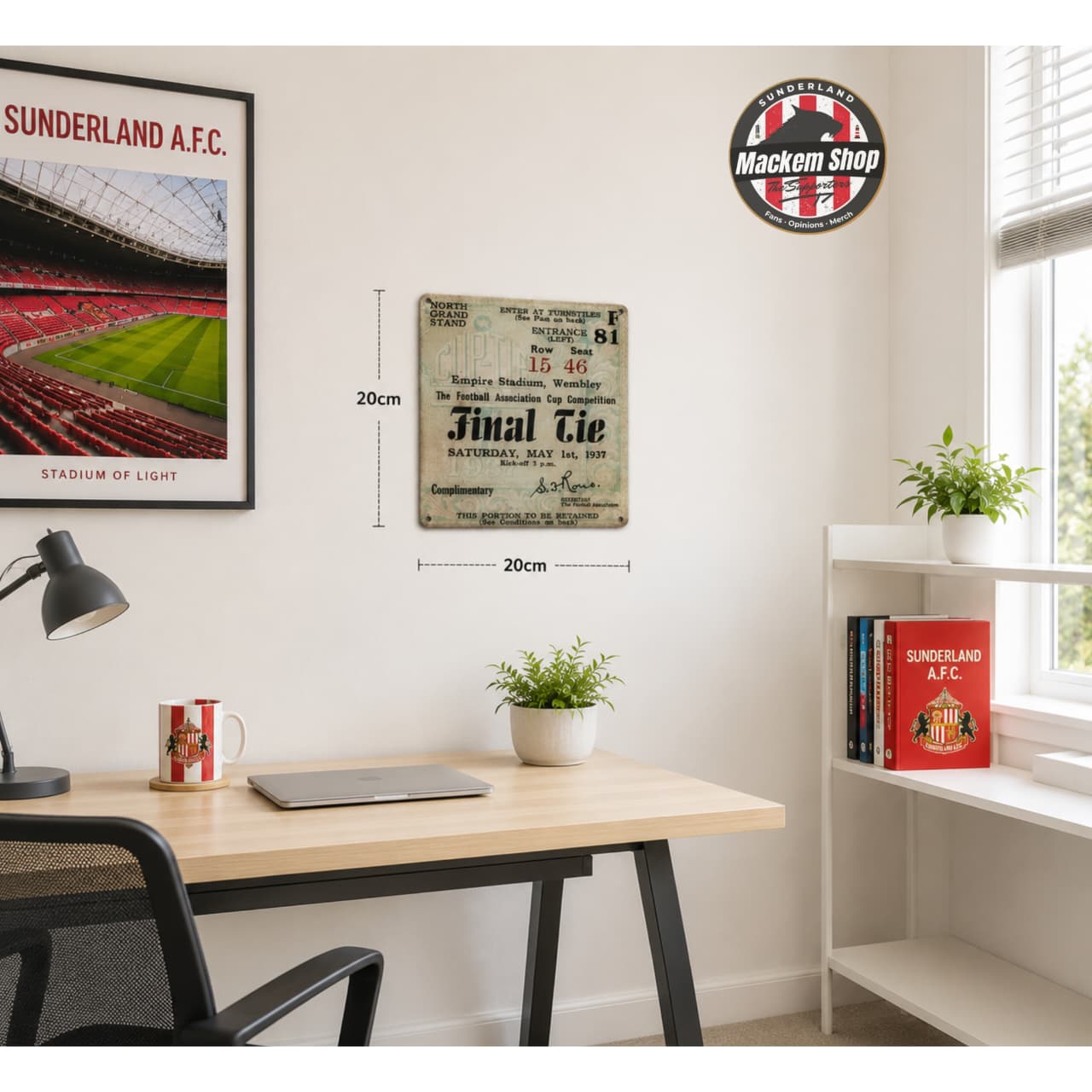 Home office with a desk, chair, and Metal sign wall decorations including a Sunderland AFC poster and a Mackem Shop sign.